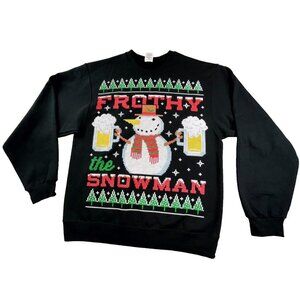 Christmas Frothy The Snowman Sweatshirt Mens Medium Black Ugly Beer Drinking Y2K